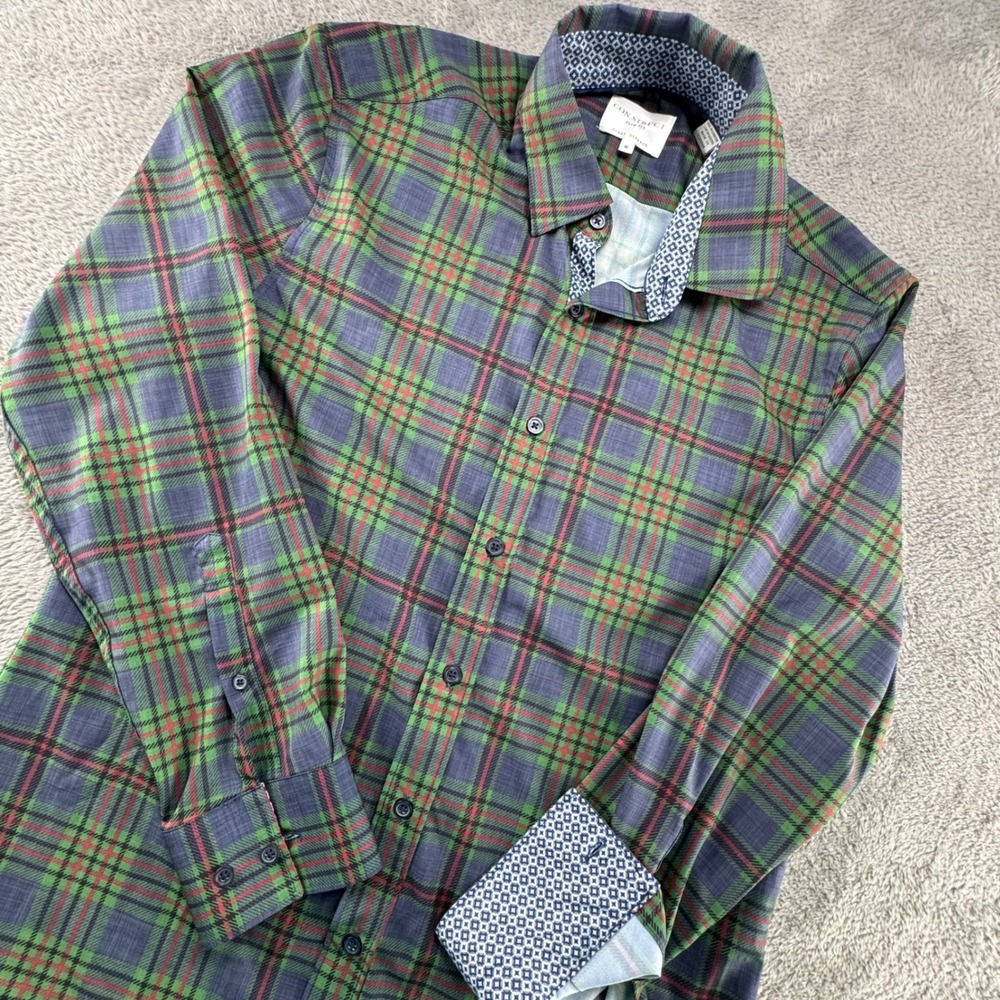CON.STRUCT Plaid Shirt Mens M Green Slim Fit 4-Way Stretch Long Sleeve Excellent